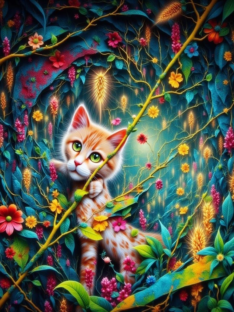 Orange Cat in Golden Field Under Swirling Yellow Sky