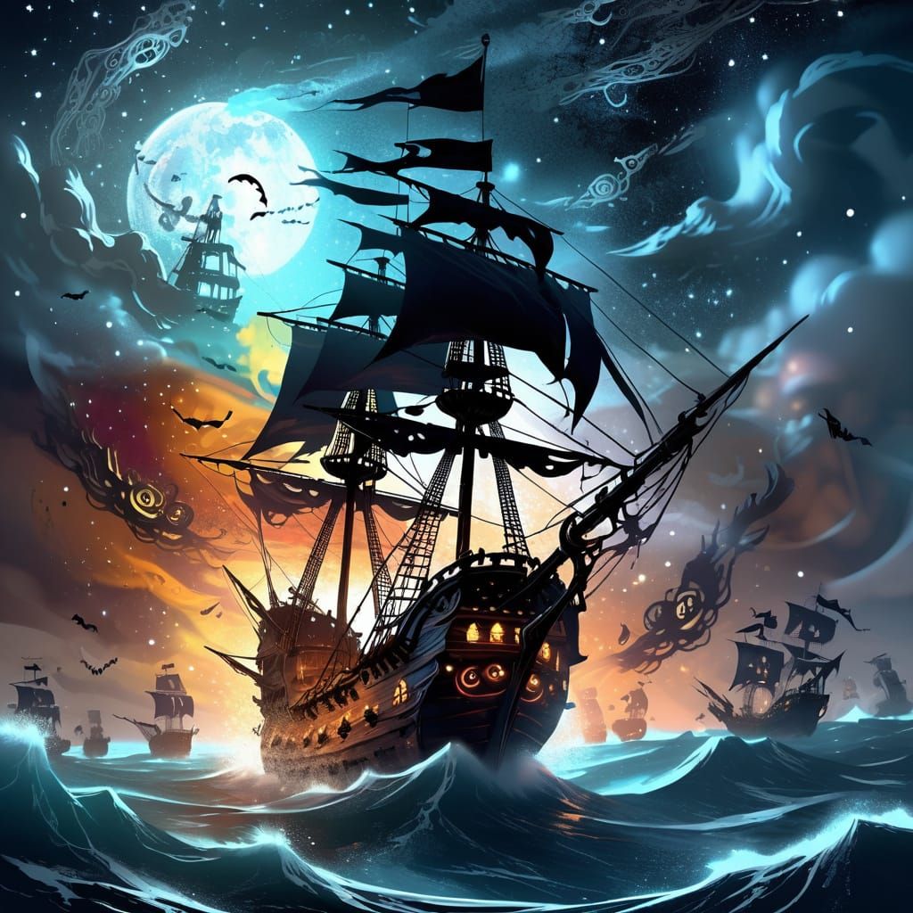 Ghostly Pirate Ship Sails Through Starry Cosmic Sea