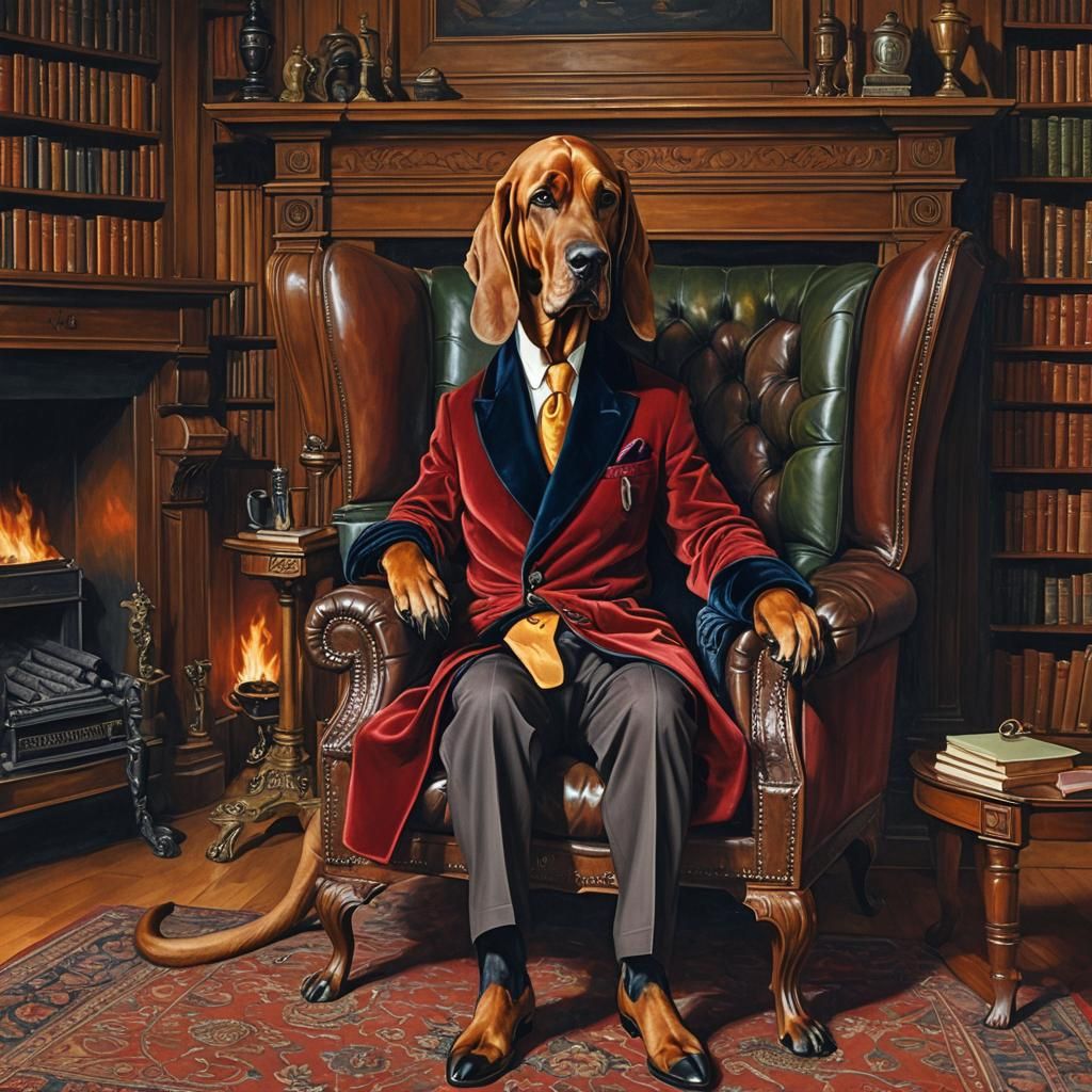 Bloodhound Gentleman in Library, Visionary Art Style