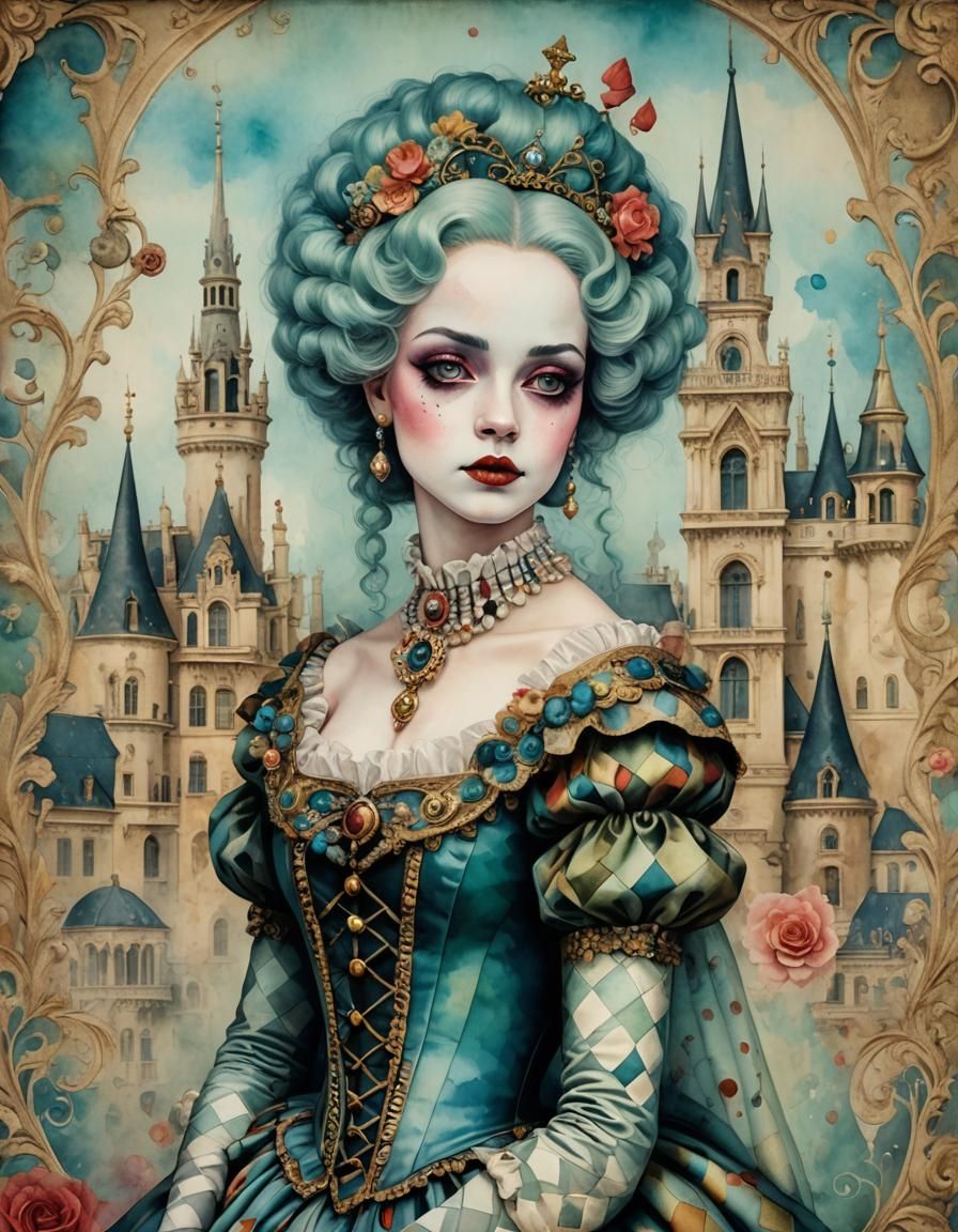 Baroque Harlequin Portrait in Watercolor Style