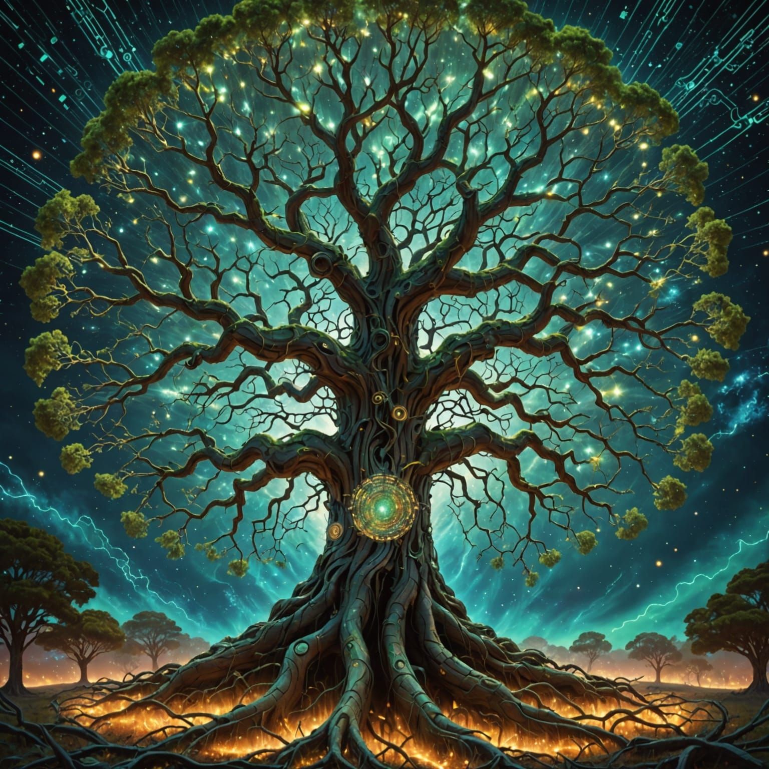 Ancient Binary Tree in Nebula Sky