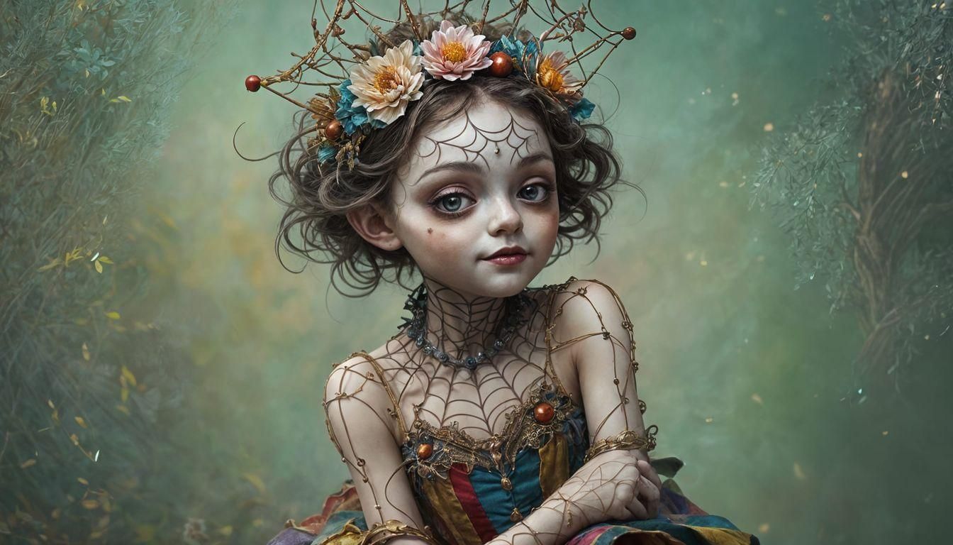 Surreal Spider Queen Clown Child in Impressionistic Style