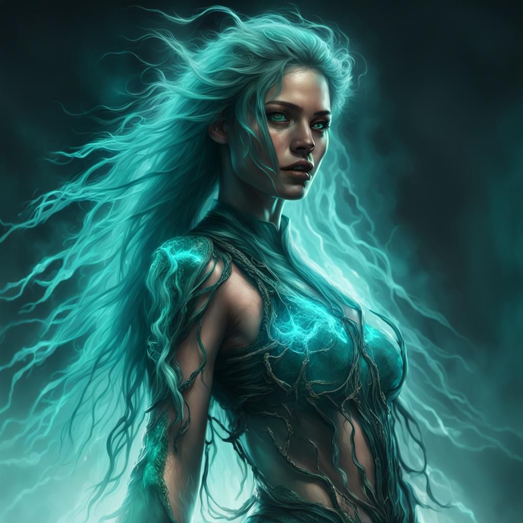 Electric Haired Fantasy Woman in Moody, Luminous Illustratio...