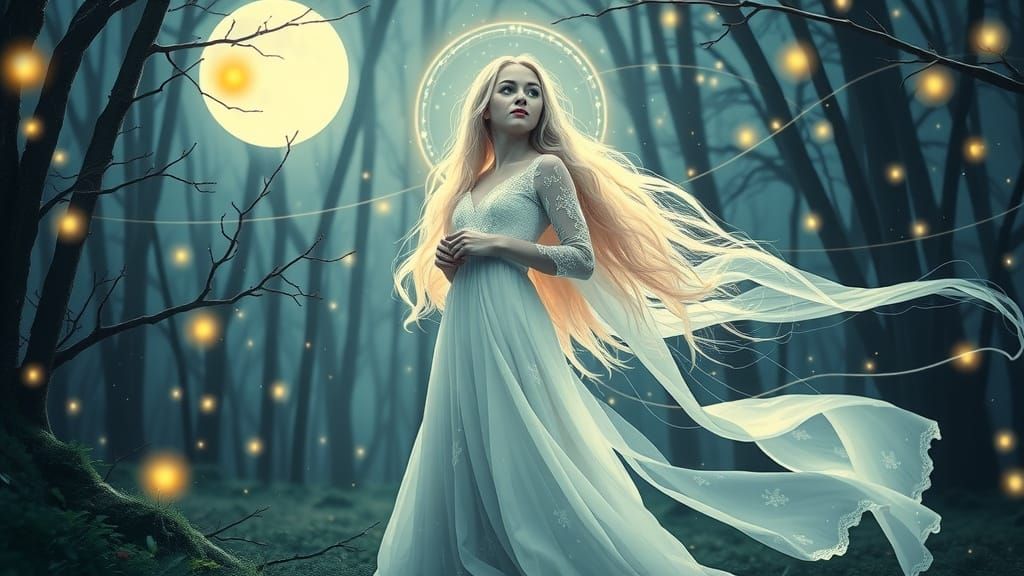 Moonlit Goddess in Whimsical Forest Landscape