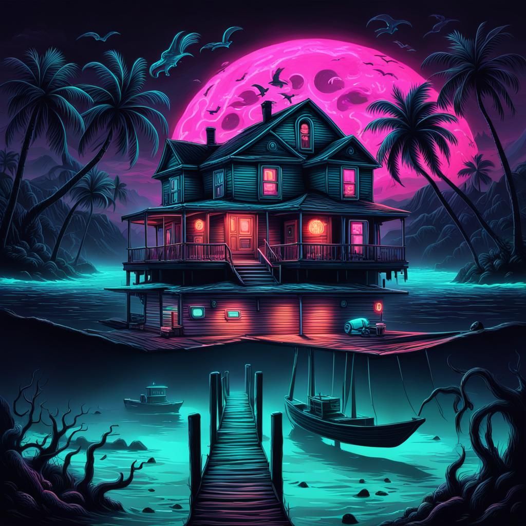 Glowing Neon Horror in Paradise: Macabre Masterpiece