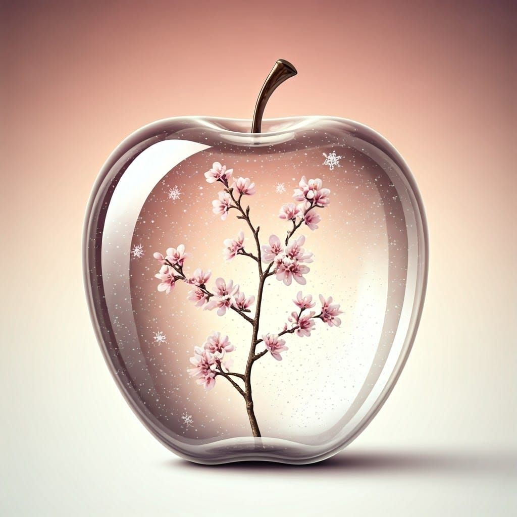 Delicate Glass Apple Snow Globe in Whimsical Fantasy Art