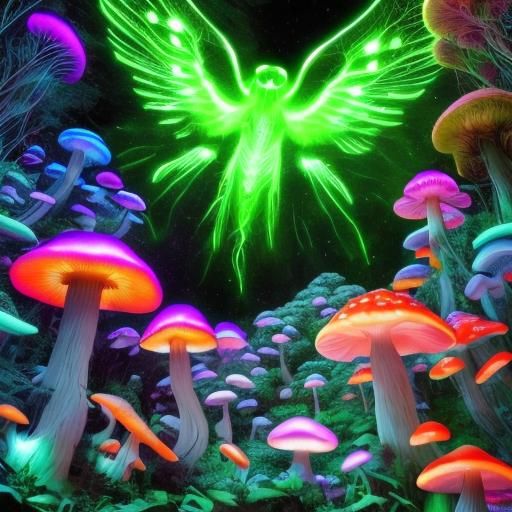 Neon Mushrooms in Dark Forest: Sci-Fi Illustration