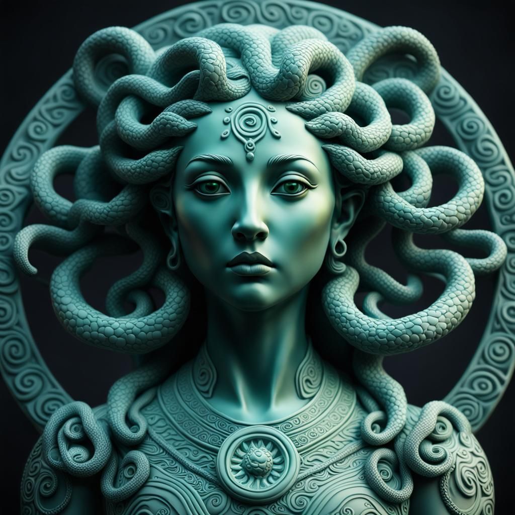 Elegant Clay Medusa with Goddess Background in 8K