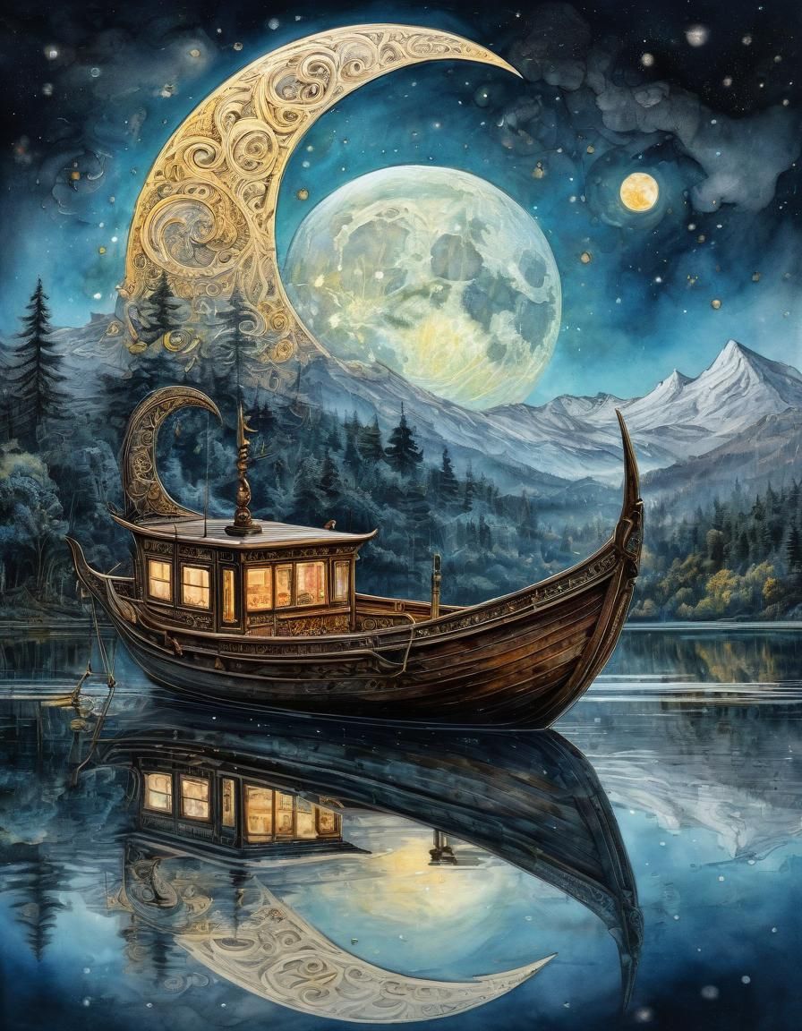 Smiling Crescent Moon in Boat: Surreal Watercolor Art