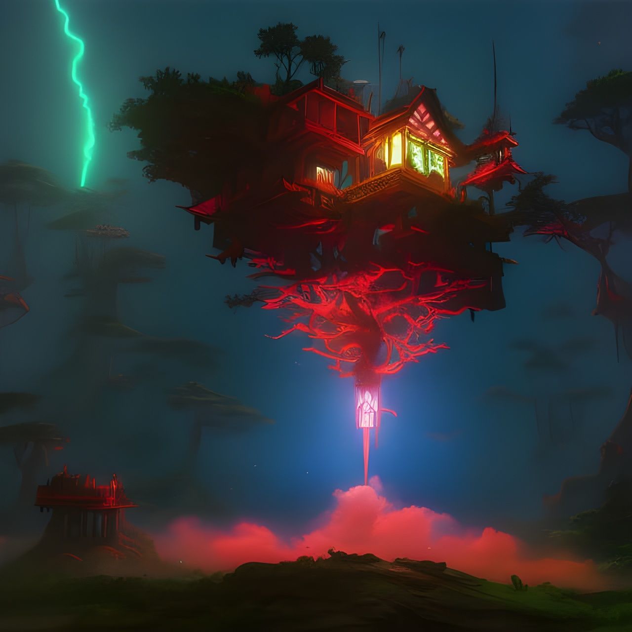Fantasy Treehouse with Neon and Metallic Accents