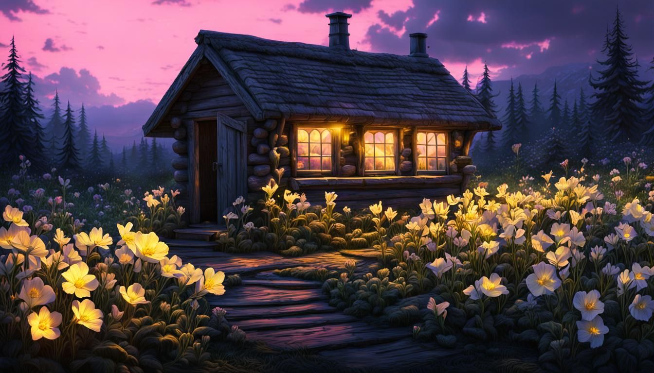 Night Garden with Luminous Primroses and Hut