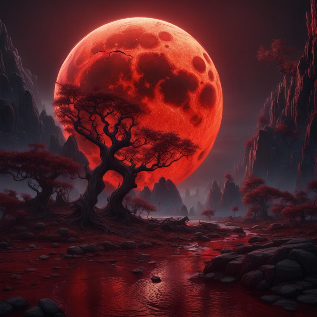 Detailed Matte Painting of a Blood Moon