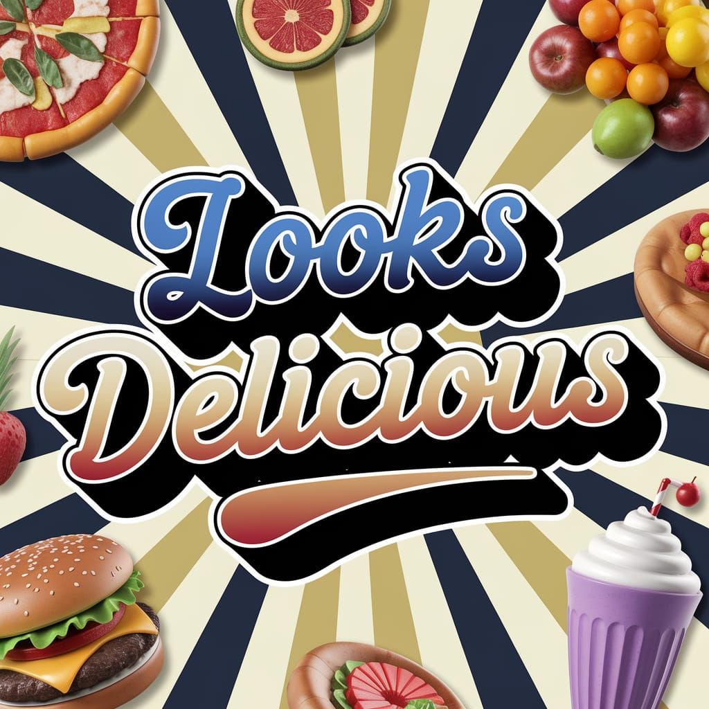 A hand-drawn retro typography with the words “Looks Delicious” using curvy, hand-drawn fonts, vintage sunburst rays, and...