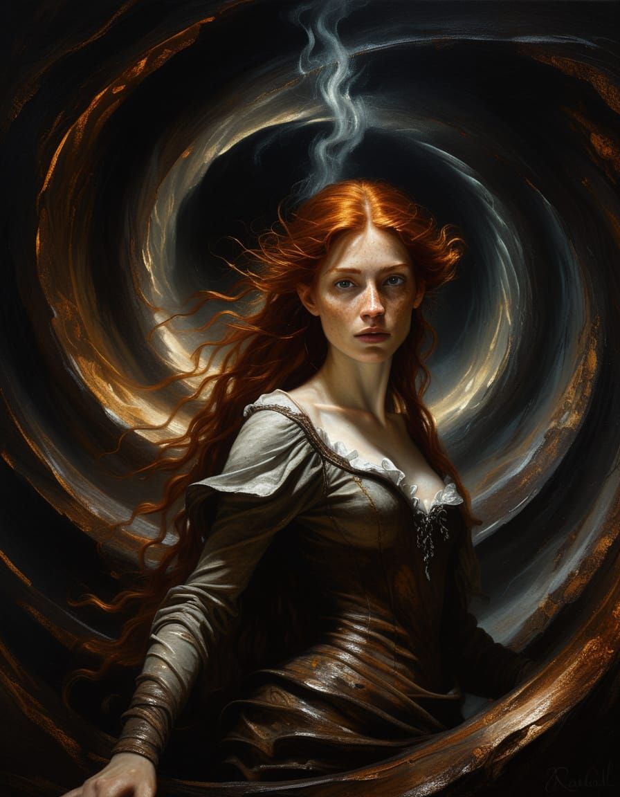 Baroque Elf Woman in Vortex, Rembrandt Lighting