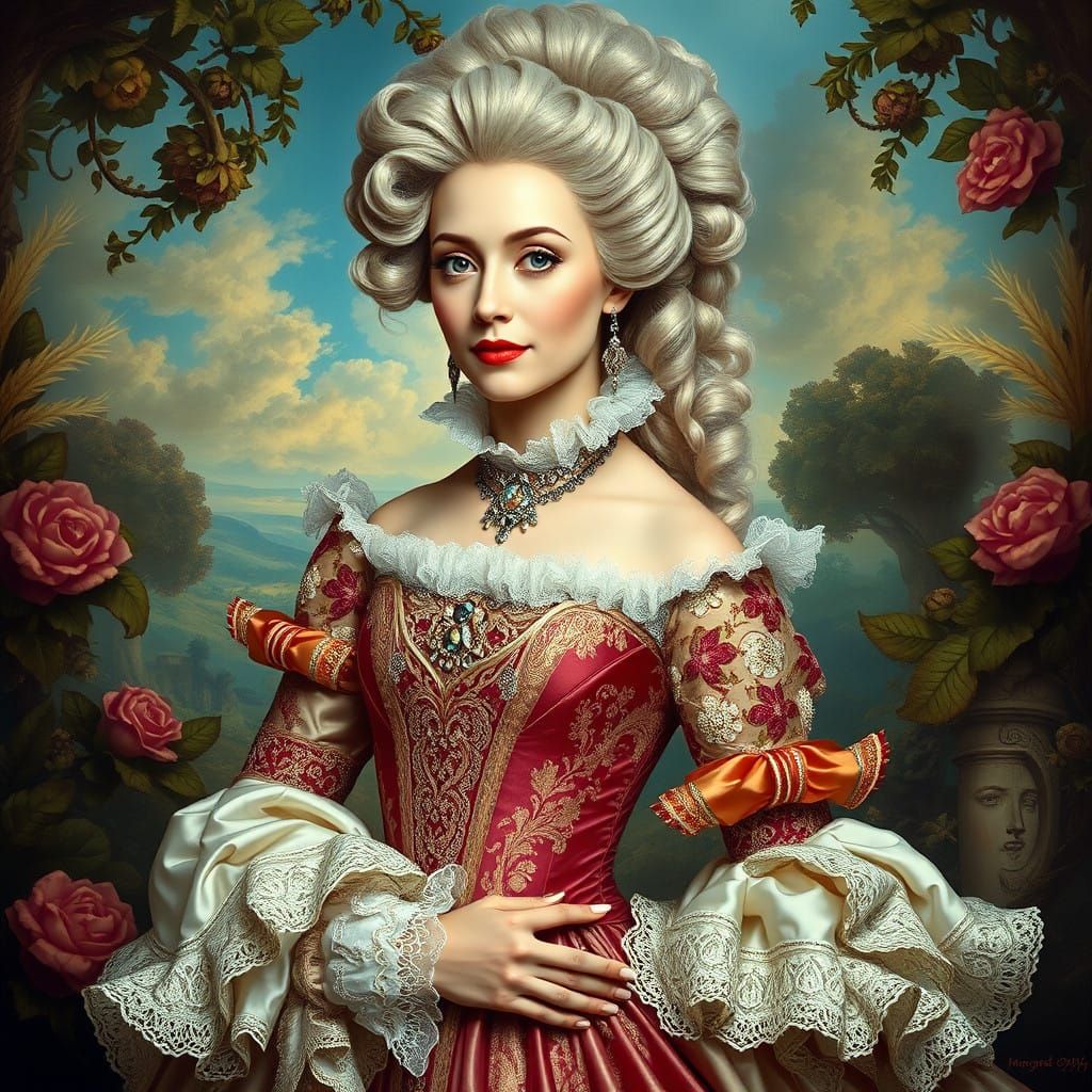 Beautiful woman dressed in decade 1750s fashion and wearing hairstyle 1750s Roger Dean