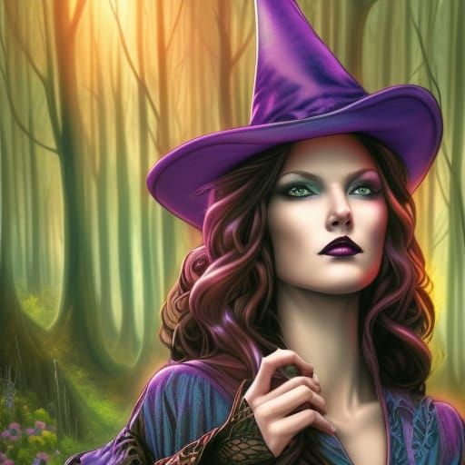 Gothic Witch in Flower Meadow, Digital Art