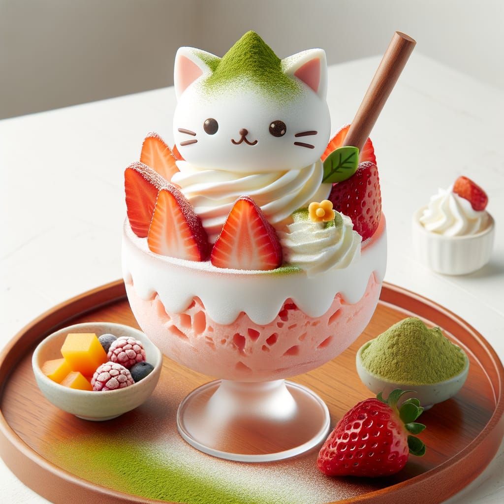 Playful Cat-Themed Kakigori Dessert with Strawberry Milk
