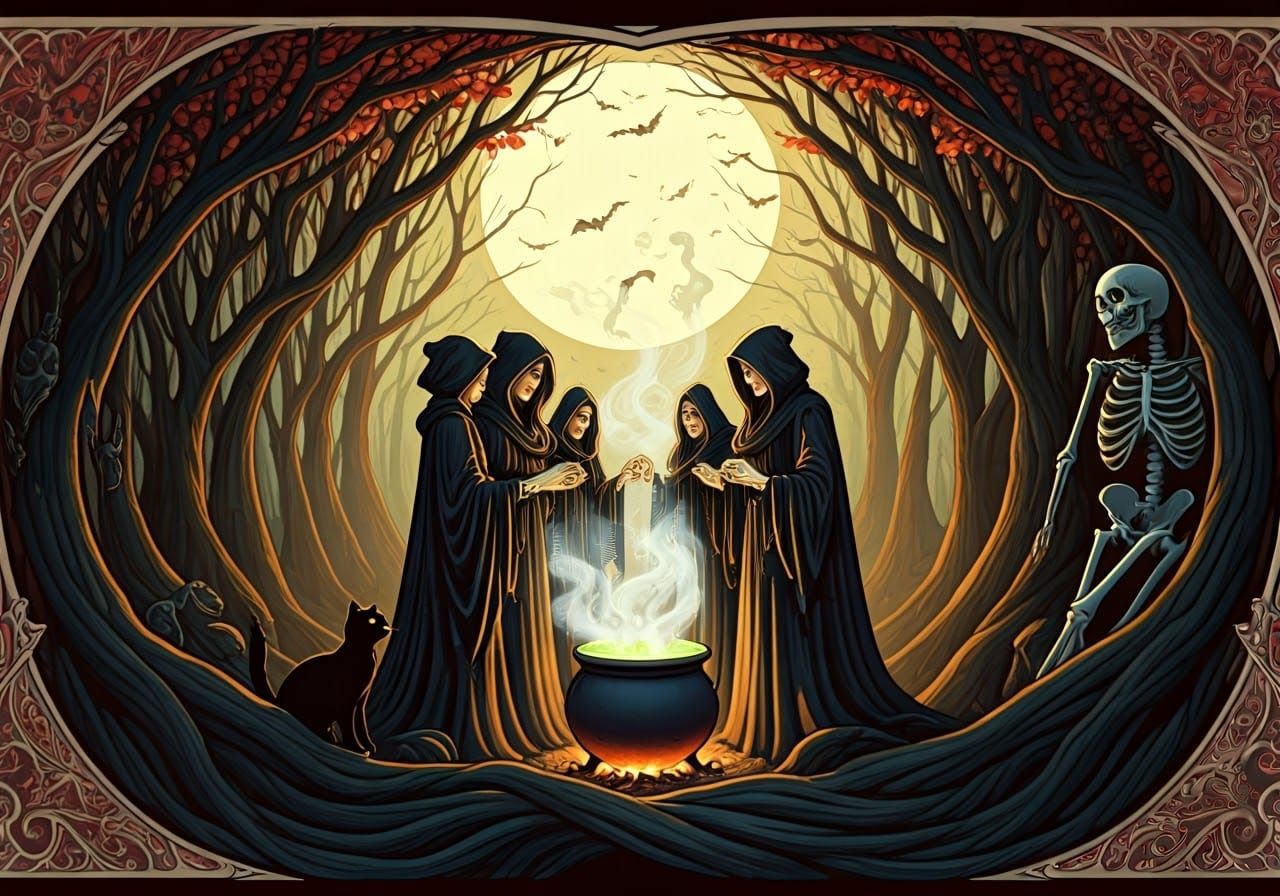 Witches Coven Spellcasting Under Harvest Moon