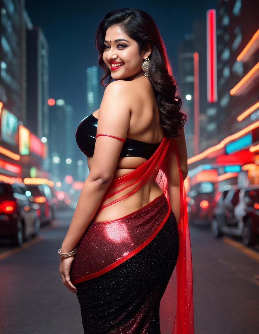 Curvy Woman in Saree in Neon Cityscape