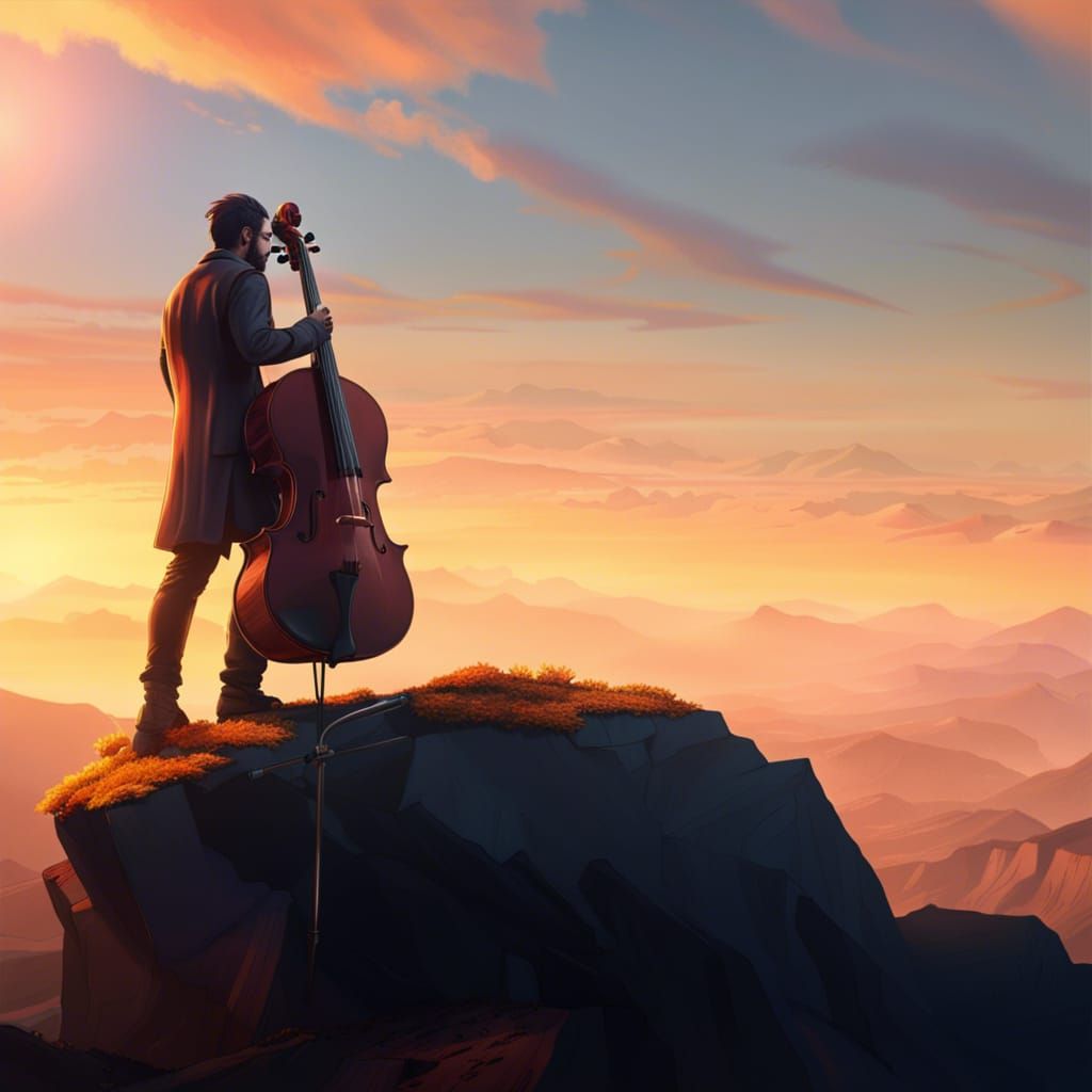 Cello Player on Mountain Top at Golden Hour