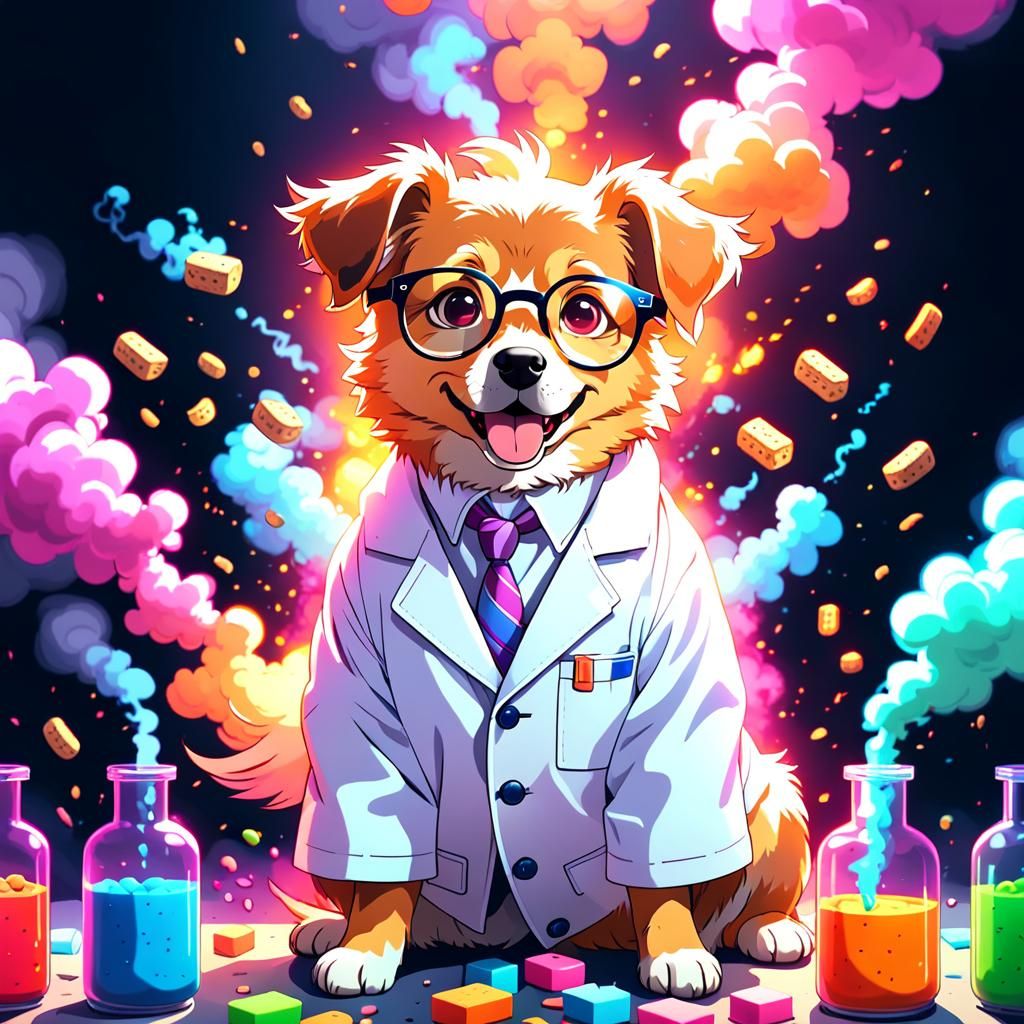 Happy Scientist Dog Creates Unlimited Snacks in Anime Style