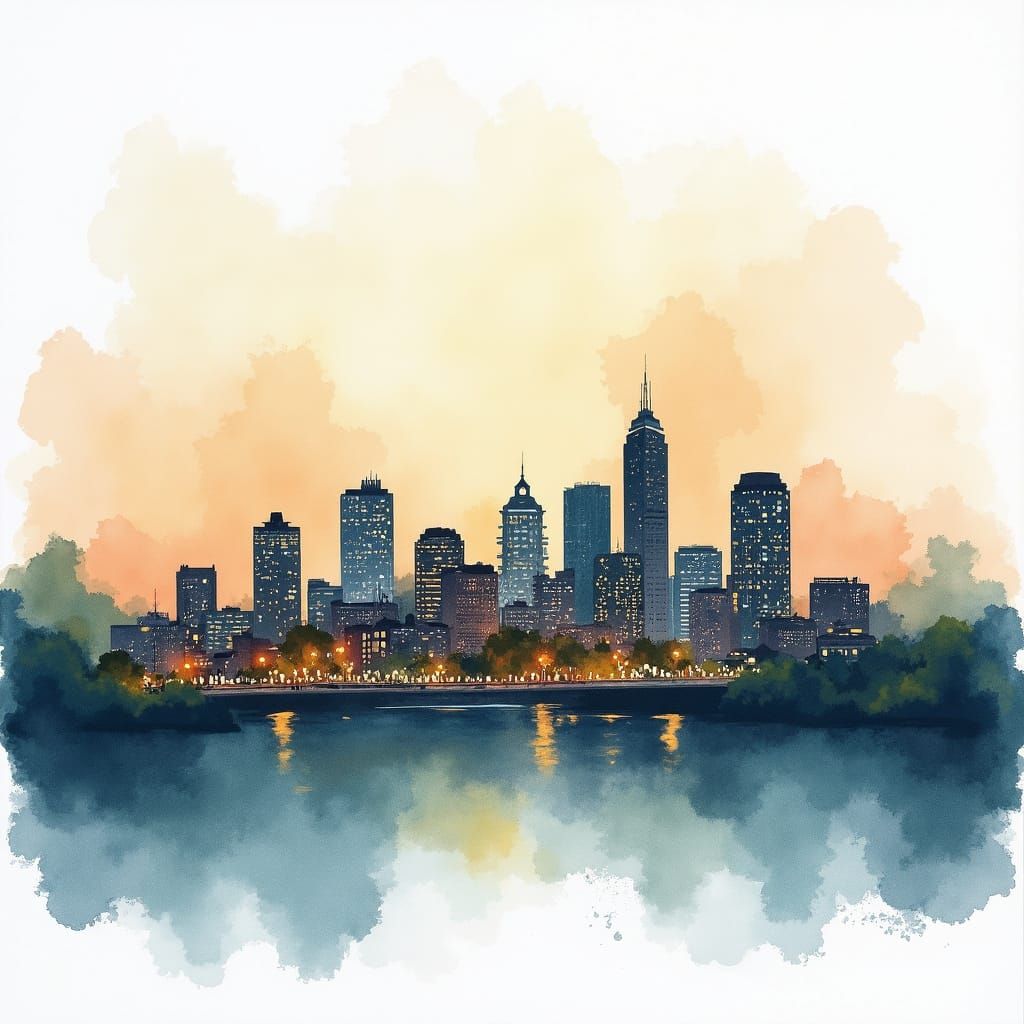 Portland Oregon Skyline in Dreamy Watercolor Style