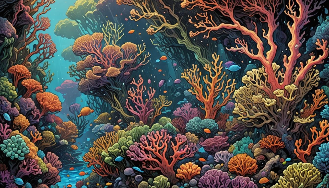 Rainbow Corals in a Comic Book Art Style