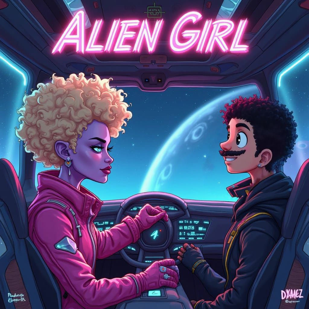 Alien Pilot in Cartoon-Style Futuristic Spaceship