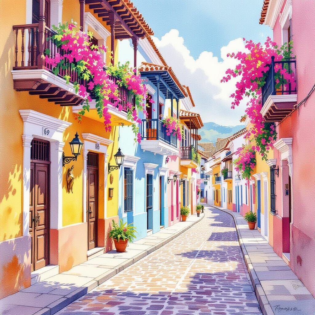 Cartagena Watercolor: Colorful Colonial Streets & Bougainvil...
