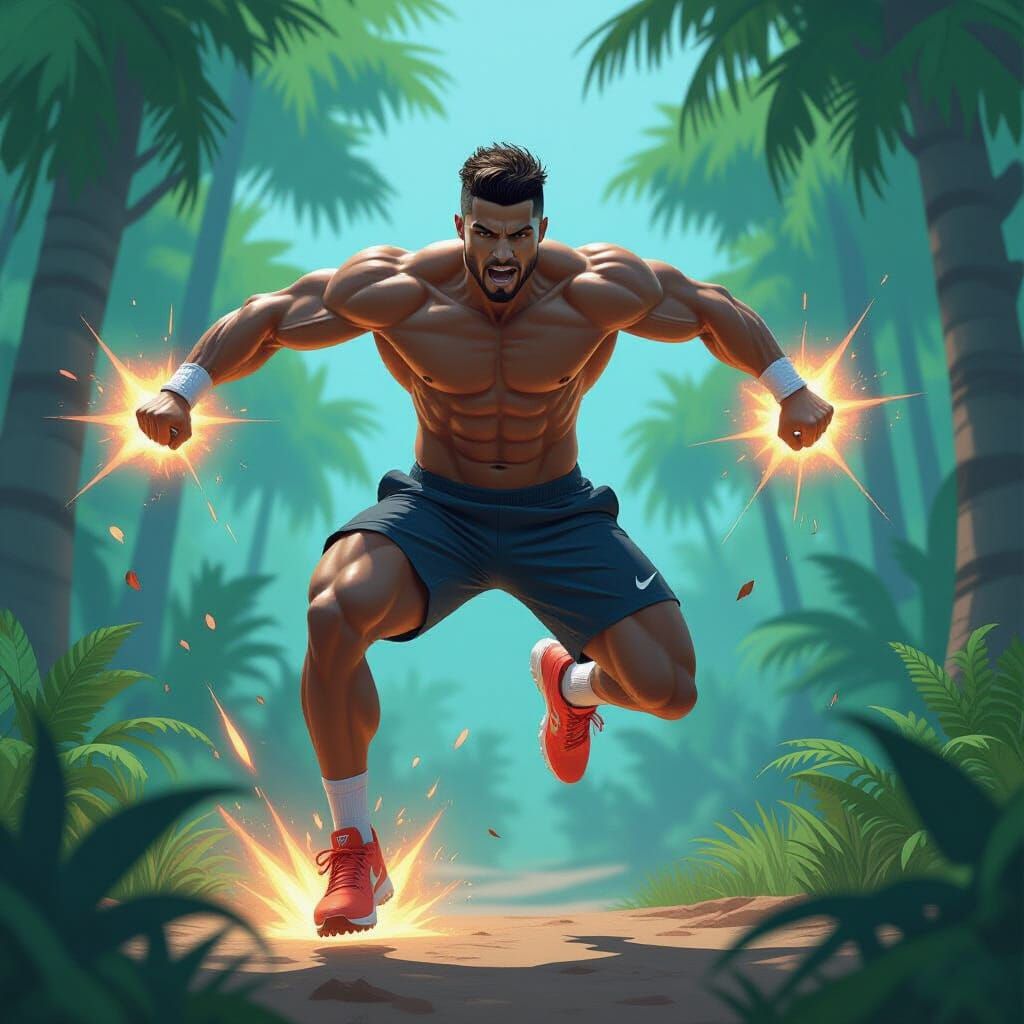 Muscular Athlete Jumps in Fortnite Jungle