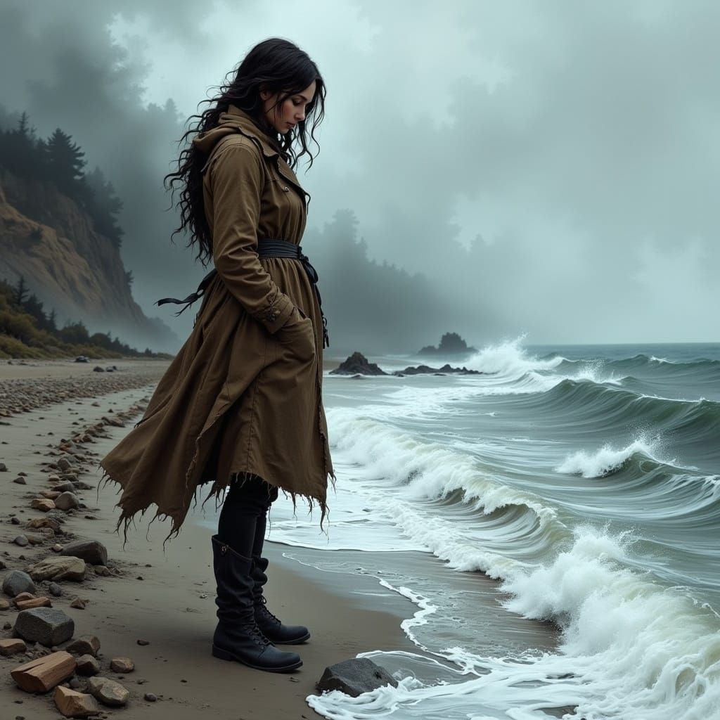 Contemplative Woman at Water's Edge: Expressive Digital Art