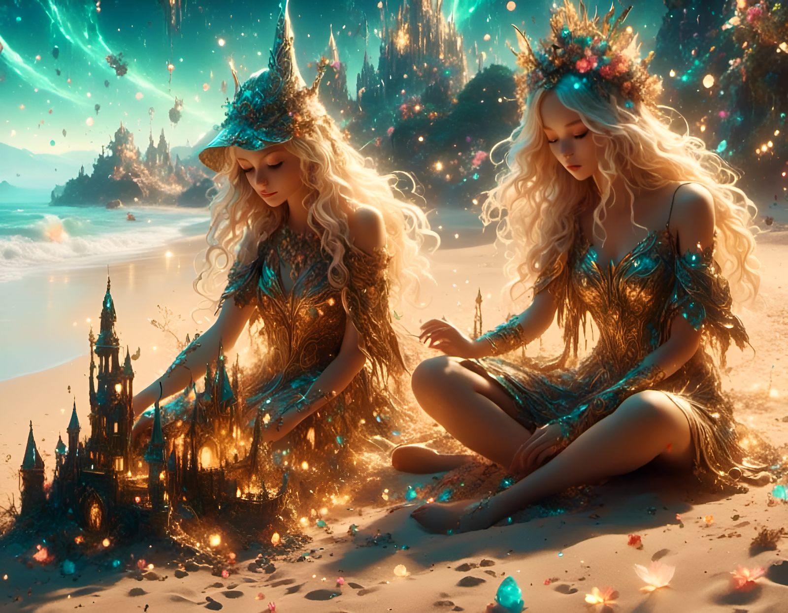 Girls Build Sandcastle on Bioluminescent Beach