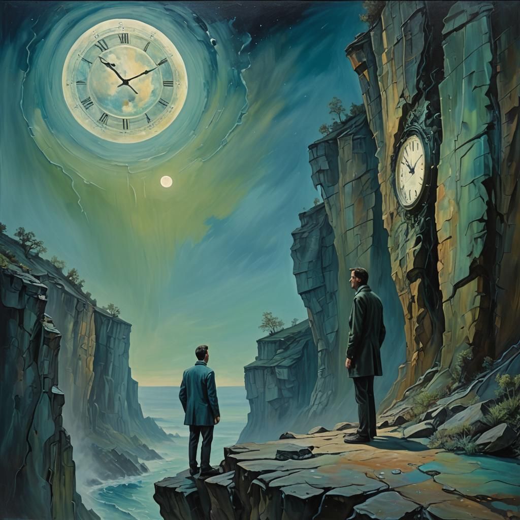 Remorseful Figure at Cliff Edge in Surreal Oil Painting