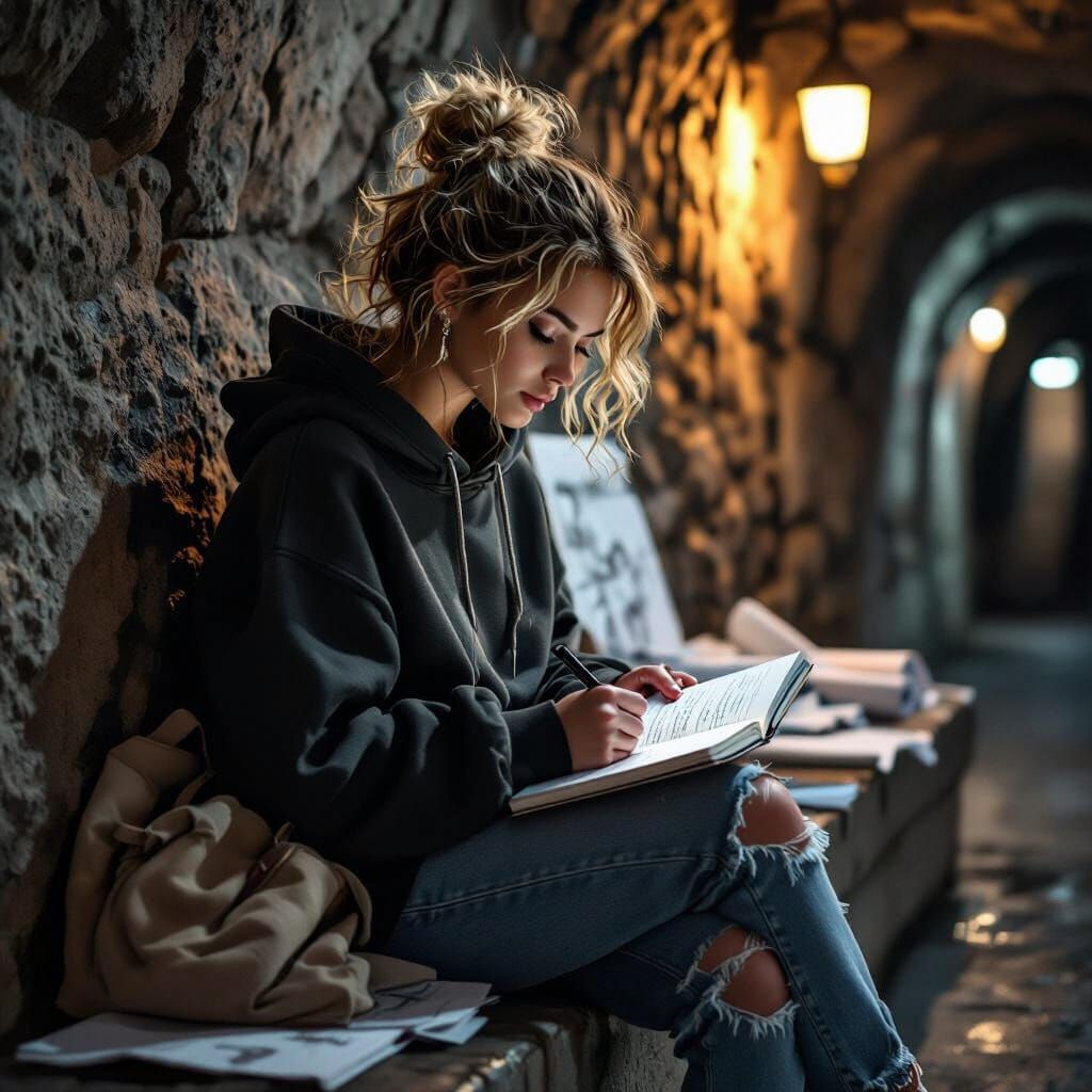 Young Woman Writing in Dimly Lit Underground Space