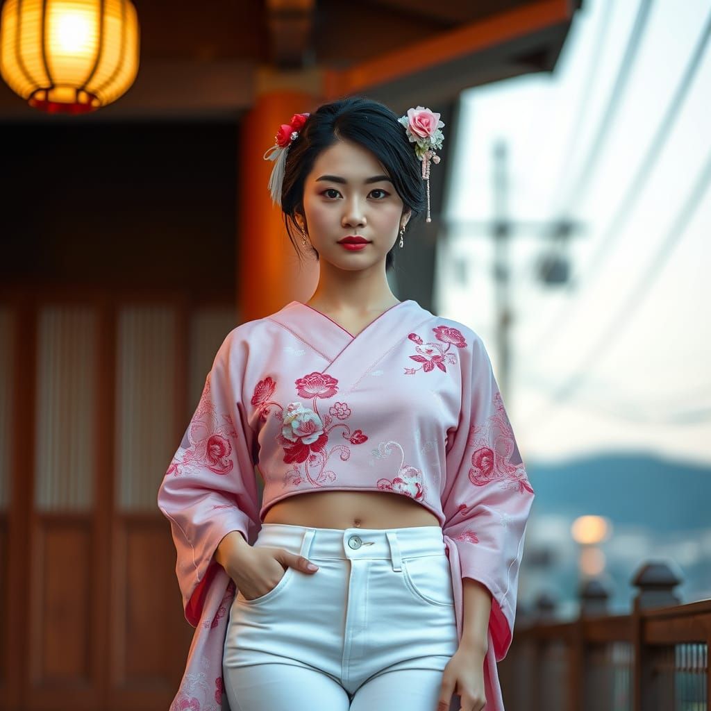 Geisha in Modern Fashion with Traditional Embroidery
