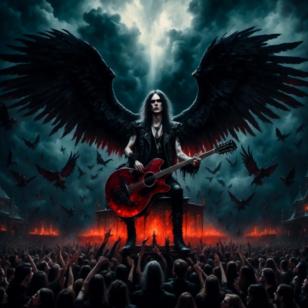 Winged Guitar Idol: A Gothic Metalhead Crowd