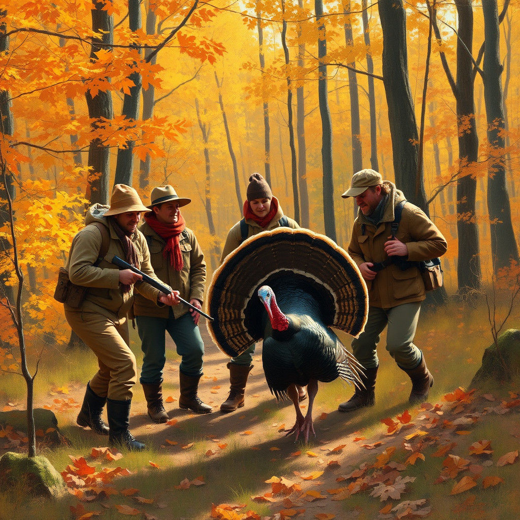 Friends Catching Turkey in Autumn, Impressionist Style