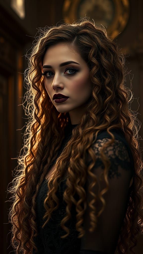 Gothic beautiful woman made of twine and string, attractive scene, breathtaking, counting time, very long flowing curly ...