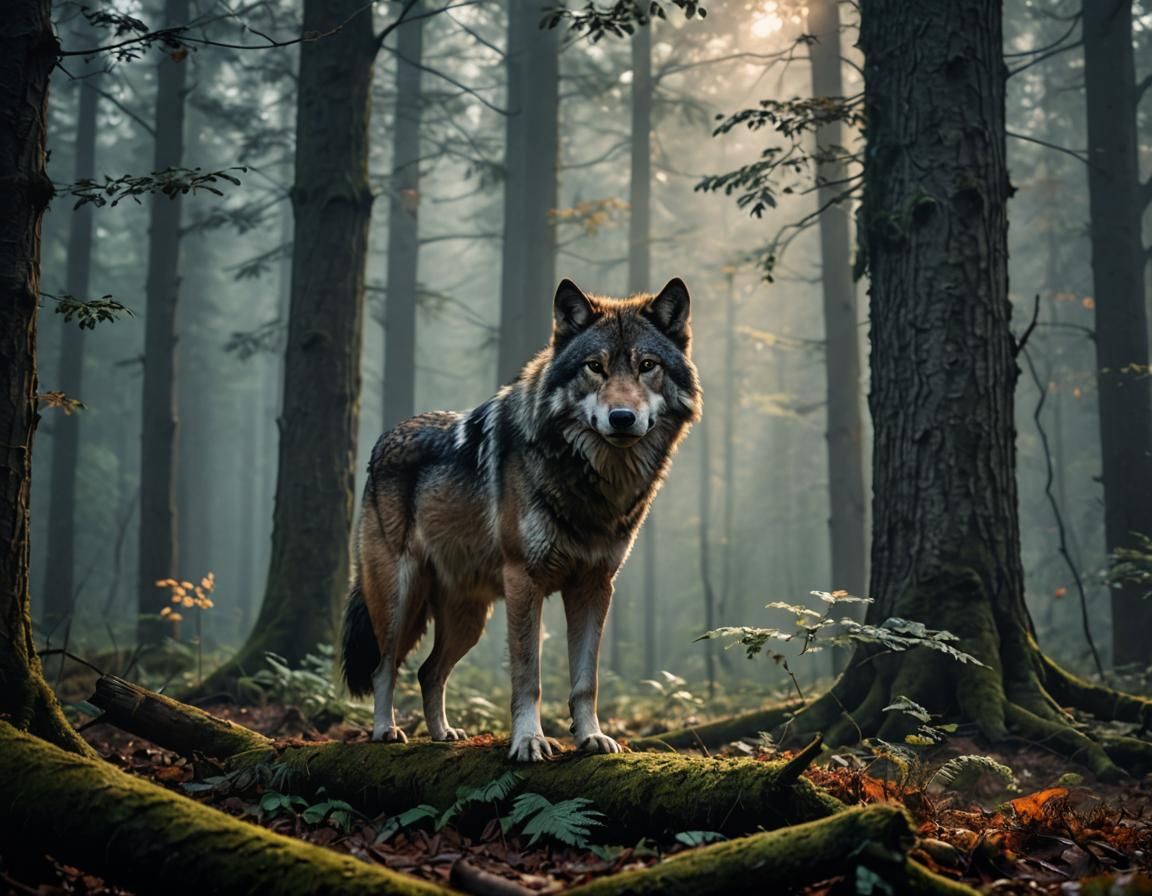 Lone Wolf in Misty Forest: Cinematic Wildlife Photography
