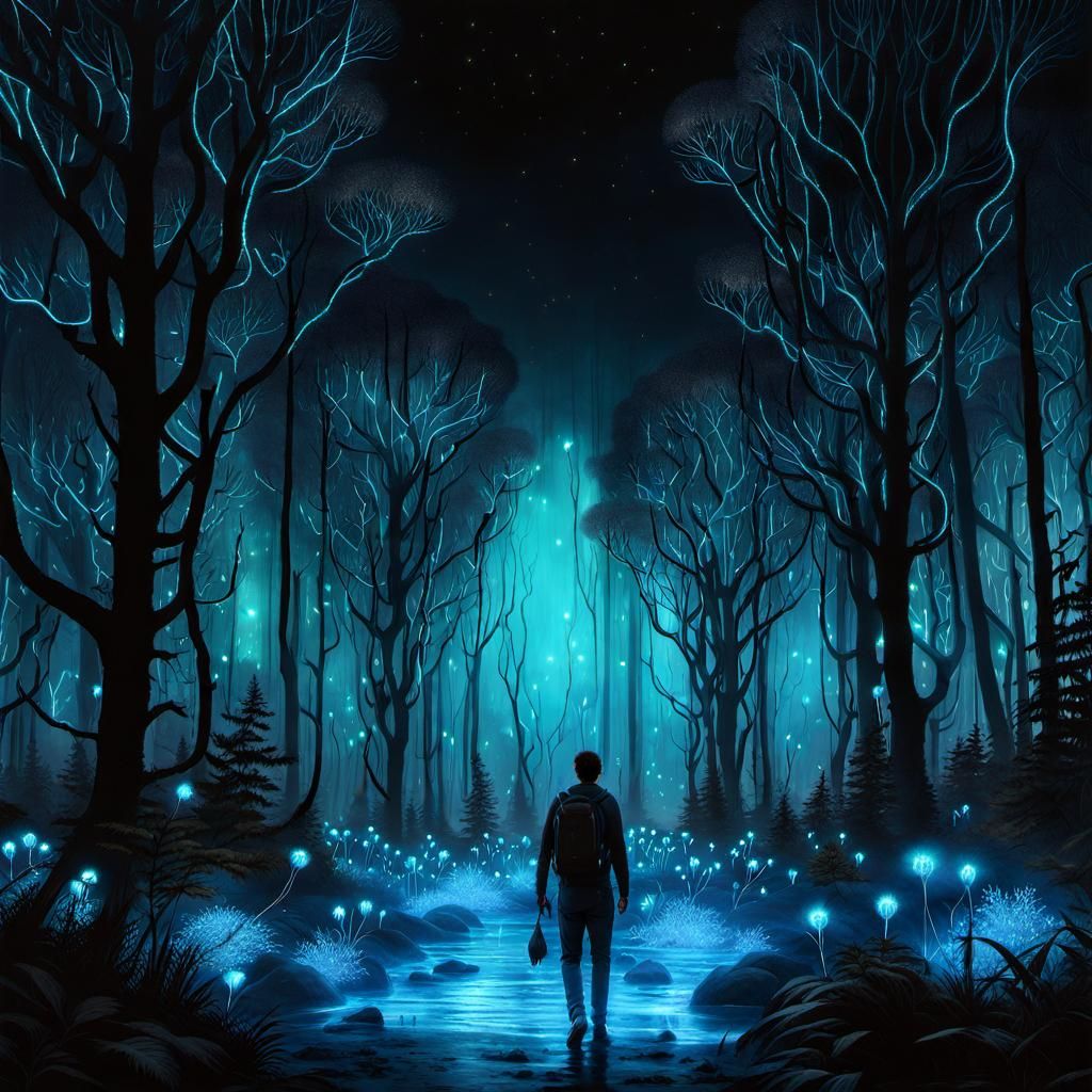 Bioluminescent Forest at Night: Dreamlike AI Art