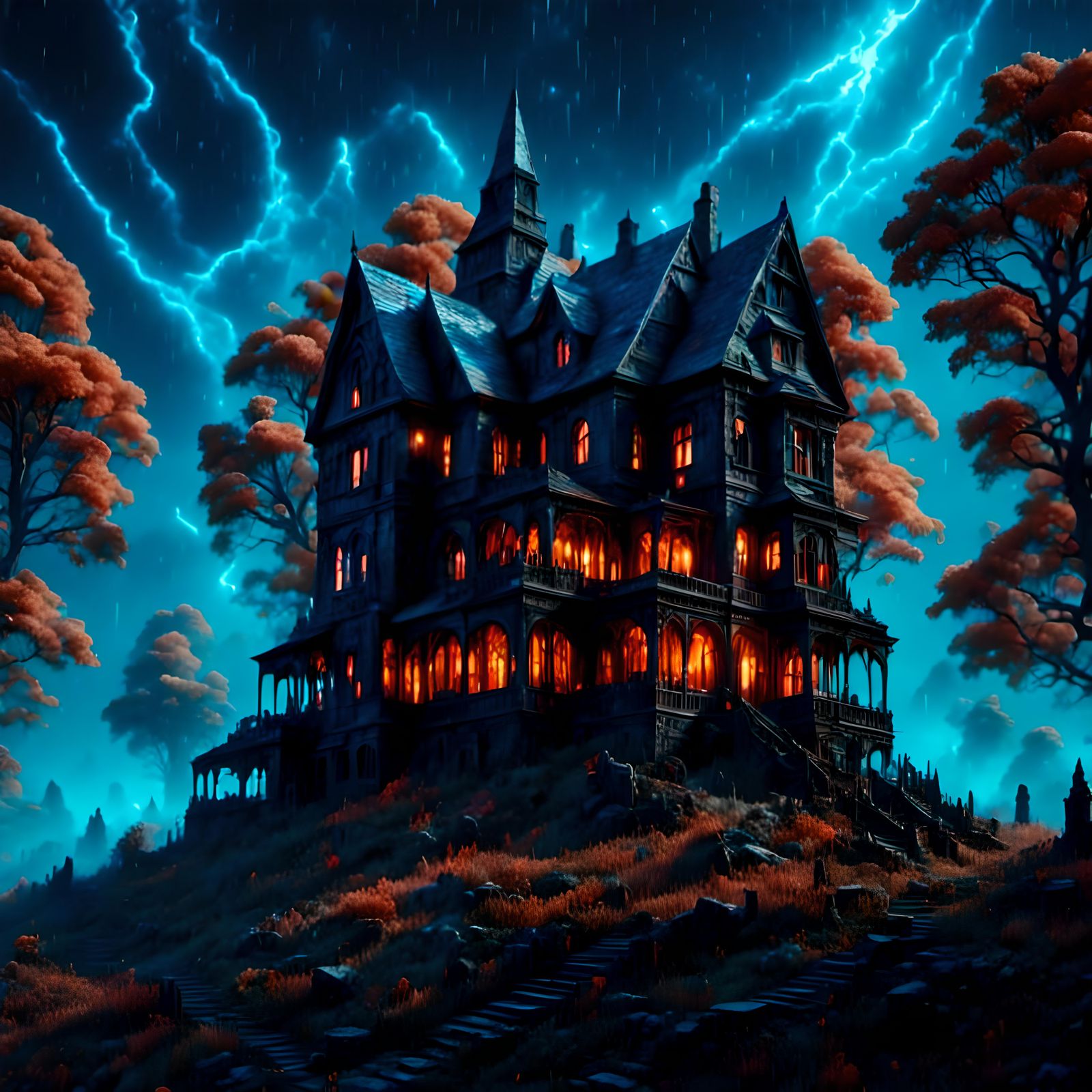 Spooky Tudor House in Storm with Falling Leaves