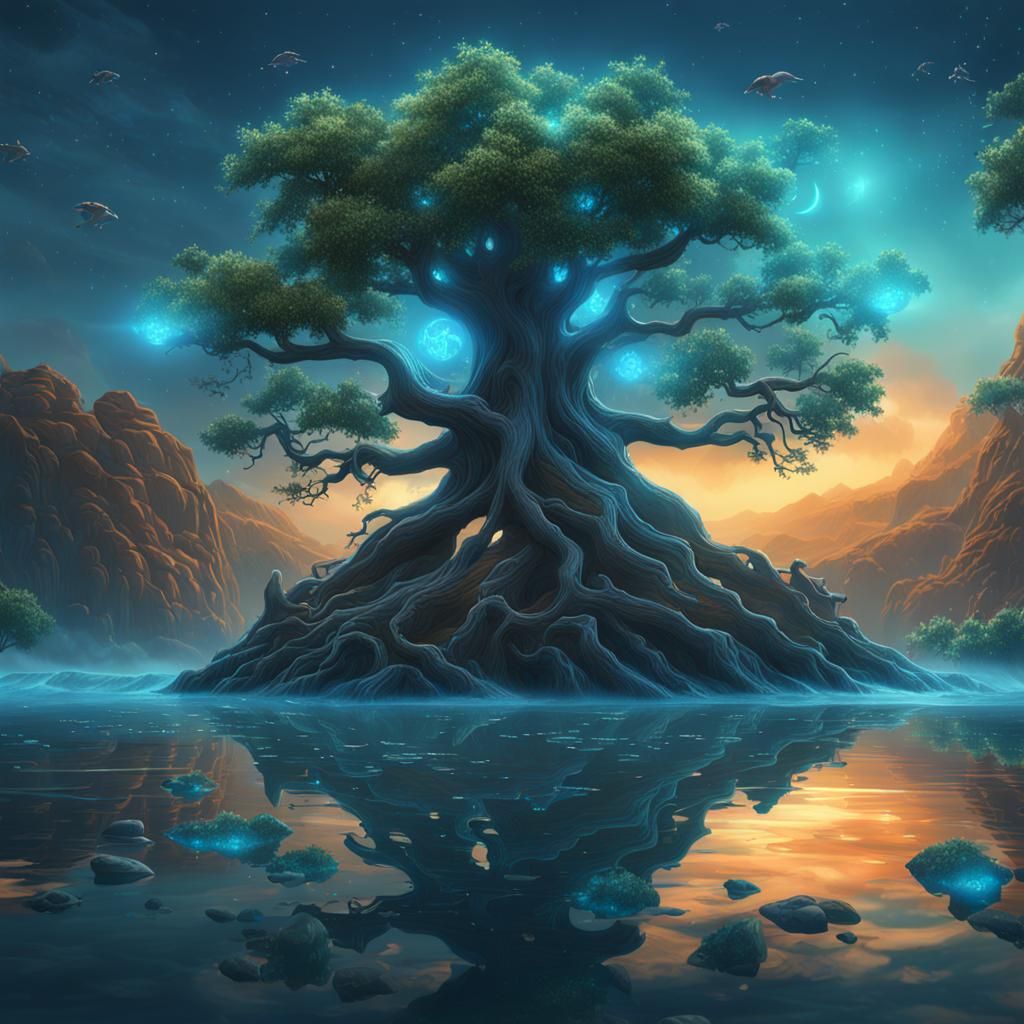 Bioluminescent Fantasy Tree Above Water
