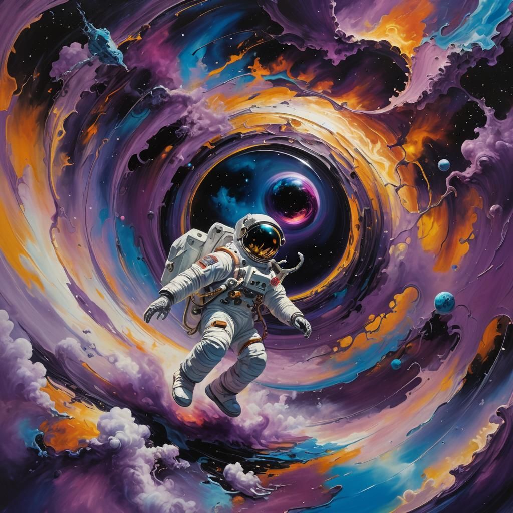 Astronaut Drifting into Black Hole in Surrealist Style