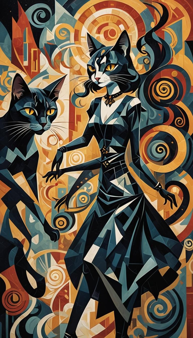 Cubist Cat Girl's Macabre Dance with Death