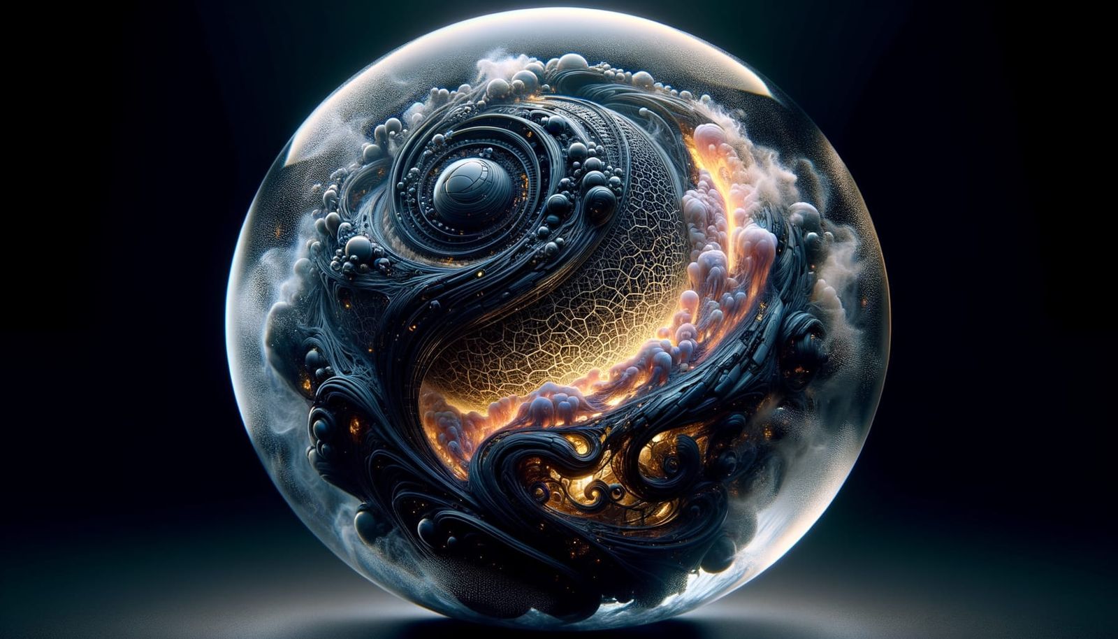 Mystical Spherical Planet in Obsidian and Gold