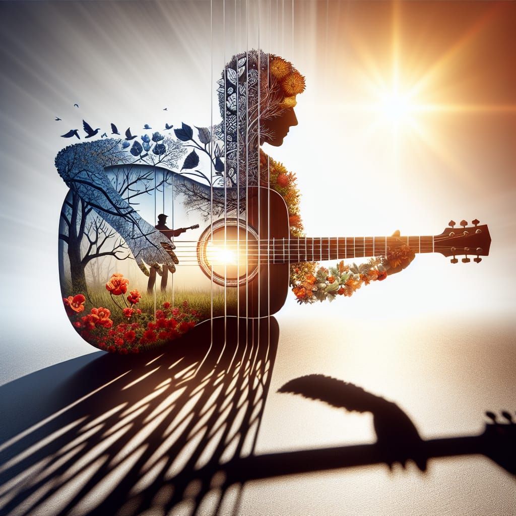 Four Seasons Guitar Double Exposure, Cell-Shaded Art