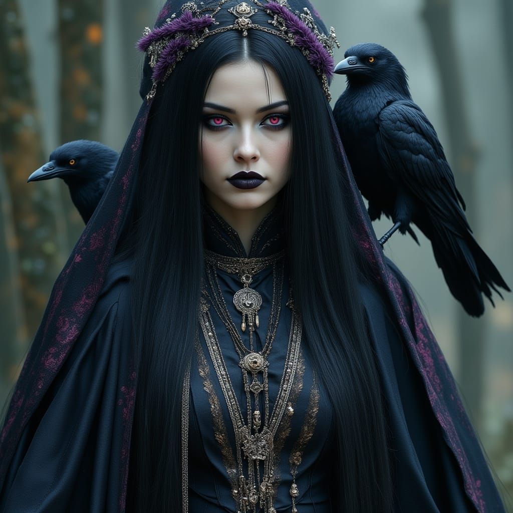 Raven Priestess Portrait in Dark Elegant Fantasy Style