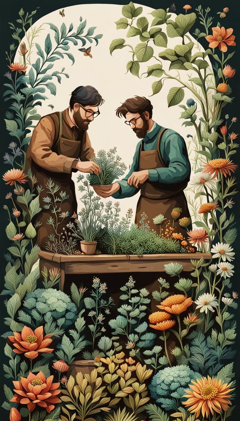 Botanist Creating Herbarium in Colored Ink Style