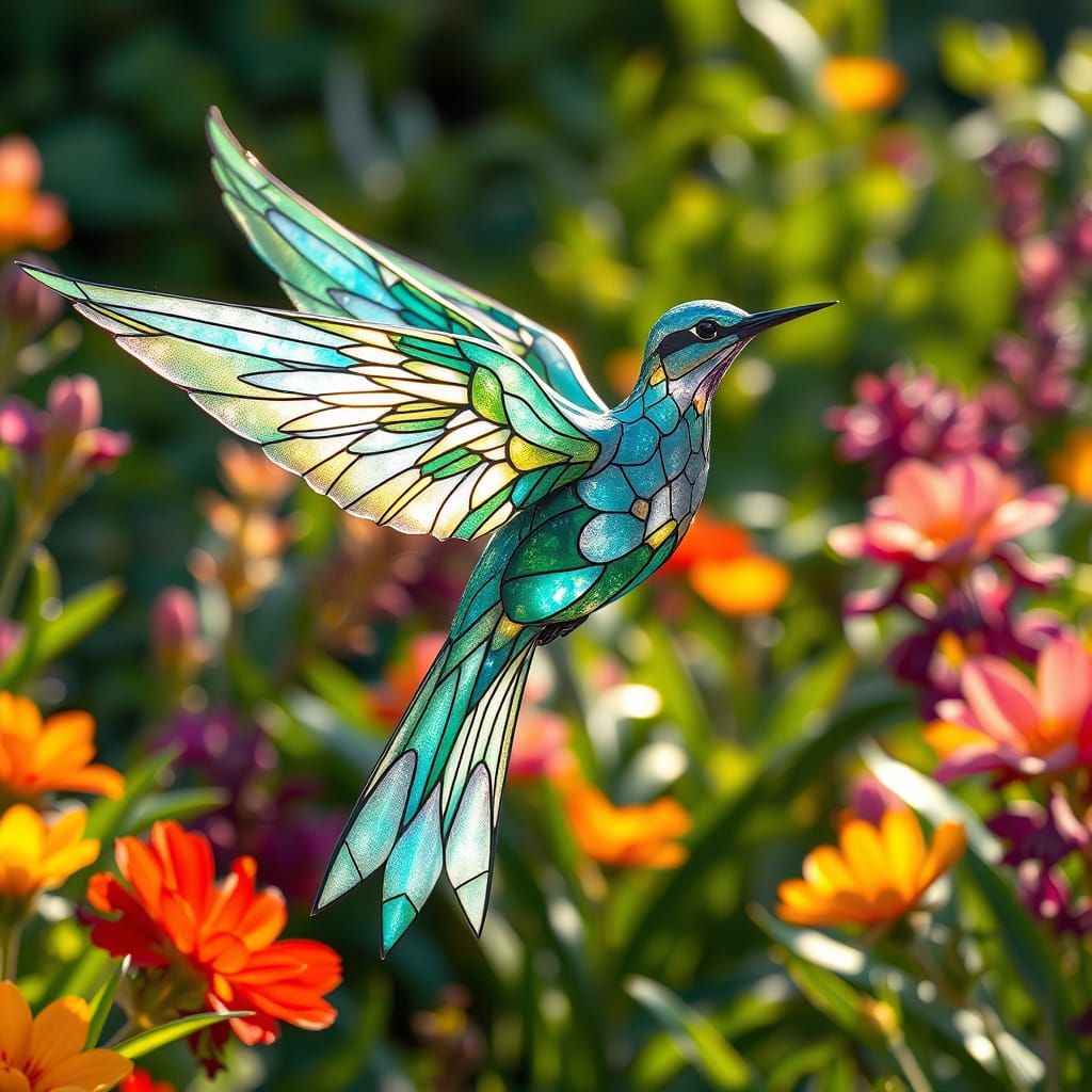 Dreamlike Scene of a Crystalline Bird with Vibrant, Shimmeri...