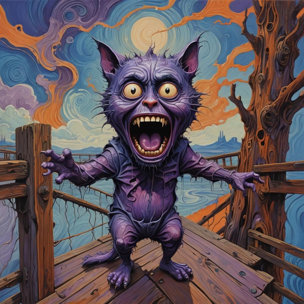 Screaming Purple Figure on Bridge, Expressionist Style
